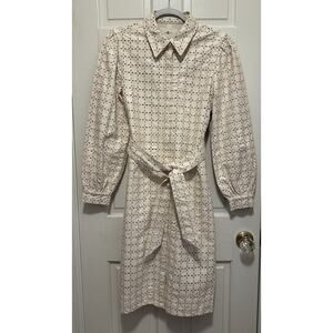 7 For All Mankind Ivory Eyelet Faux Leather Midi Shirt Dress Belted Size S